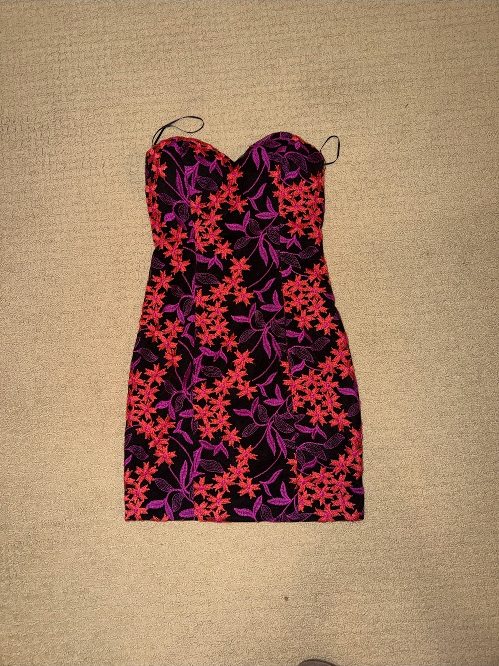 Guess Strapless Black Dress with Red and Purple Floral Appliqué